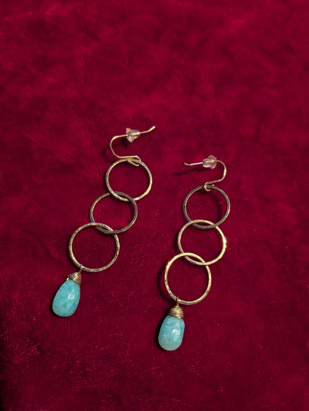 Gold Triple-Hoop Drop Earrings with Aqua Blue Teardrop